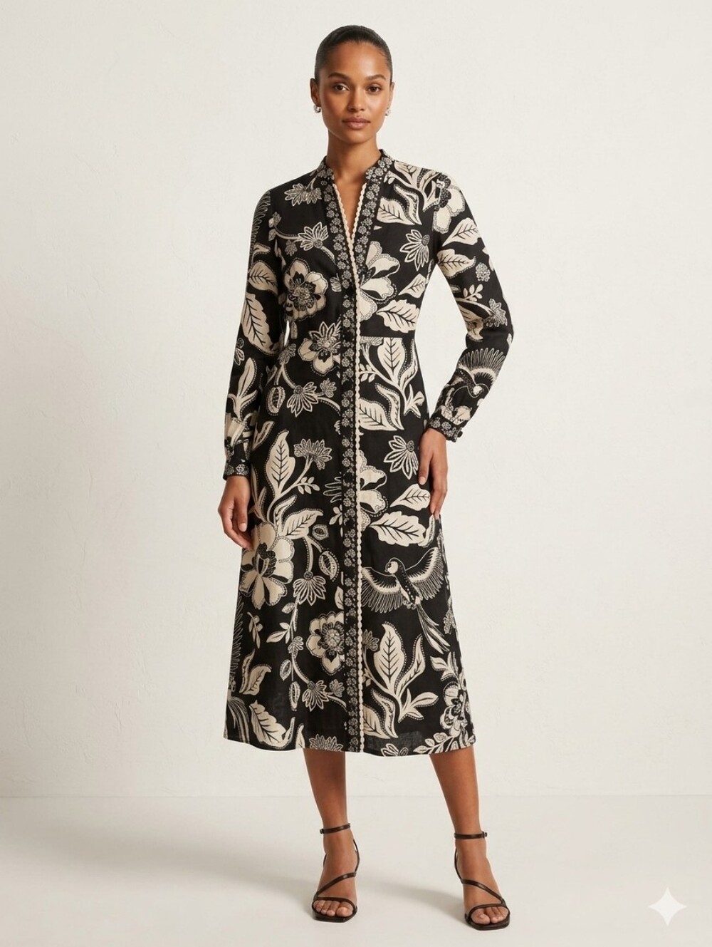 Christian Lacroix Linen Blend Bird Botanical Button-Down Floral Dress Size S